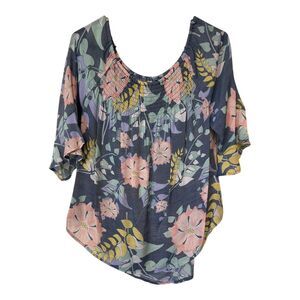 Ashley Blue Floral Print Boho Blouse Large
